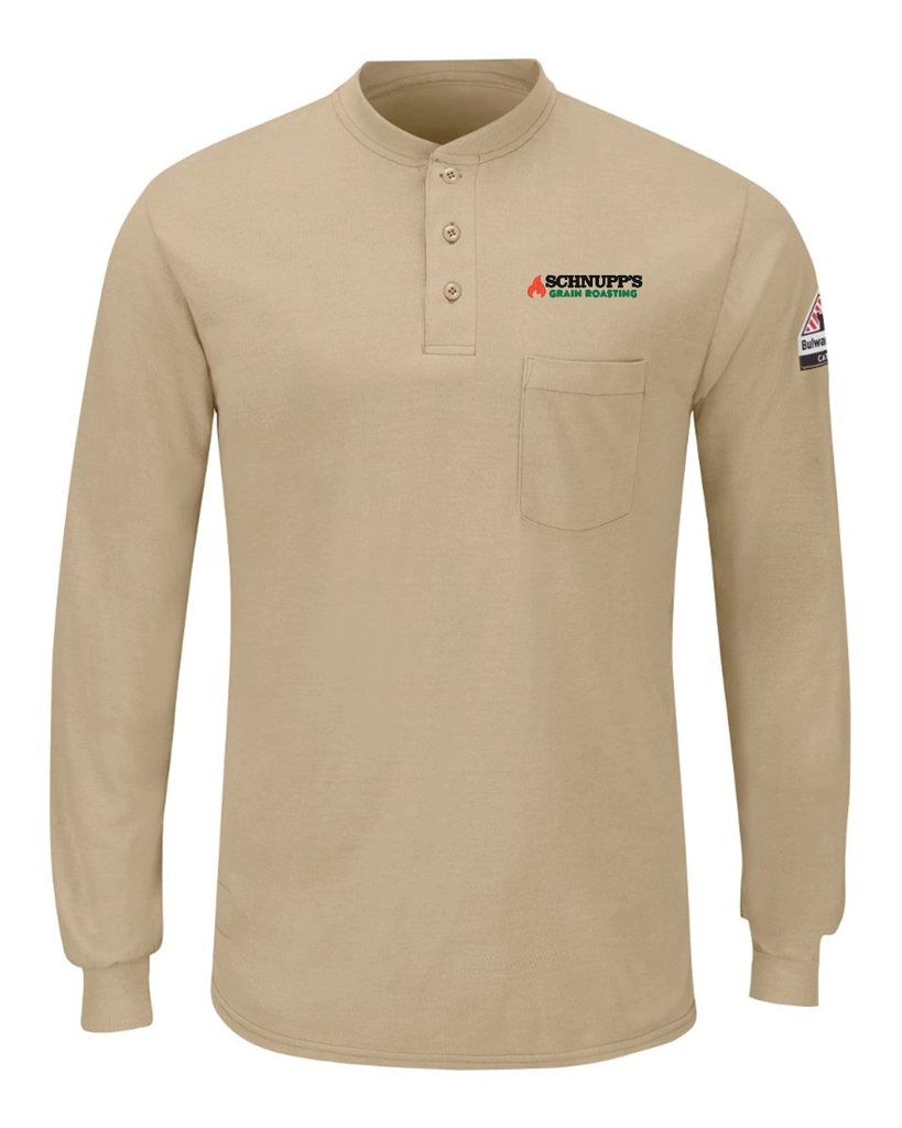Variant Image for SML8 - Bulwark Men's Long Sleeve Henley - SGR LC/Sleeve - Black 4C - E - Website Schnupp's Grain Roasting
